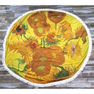 Van Gogh Sunflower Tablecloth Round Fringe Boho Chic Cottage Hippie Artsy 60"